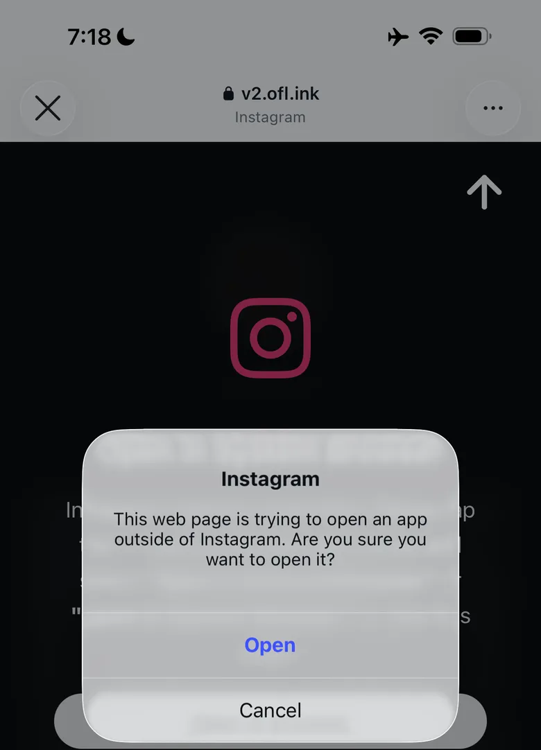 Inside Instagram on iPhone, an iOS dialog reads 'This web page is trying to open an app outside of Instagram. Are you sure you want to open it?' with Open and Cancel buttons.